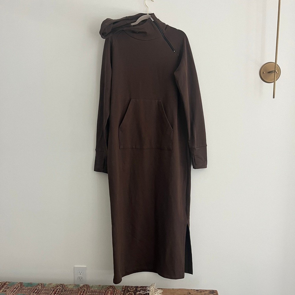 Marcella NYC Brown Asymmetric Zip Hoodie Maxi Dress Thumbhole Fleece L - Picture 3 of 8